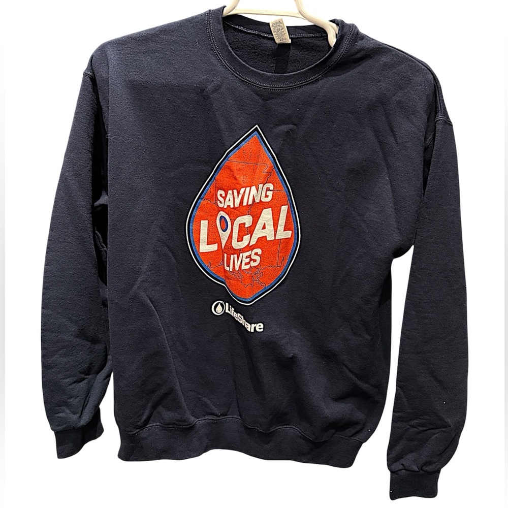 Jerzees navy blue Sweater with Red Graphic LARGE